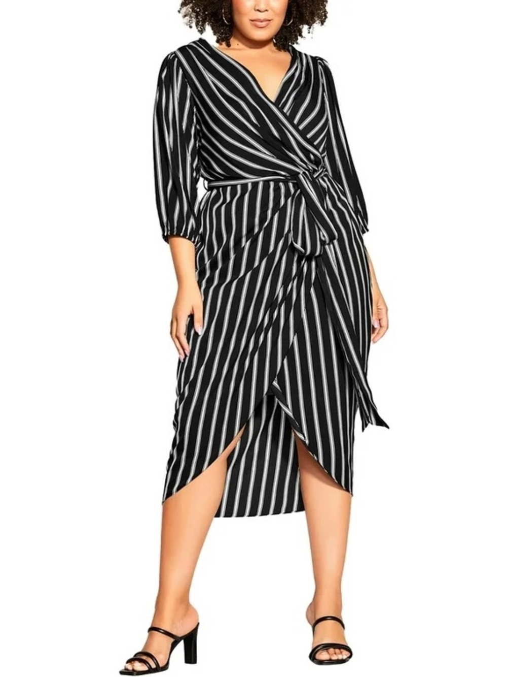 City Chic Black and White Striped Midi Wrap Dress